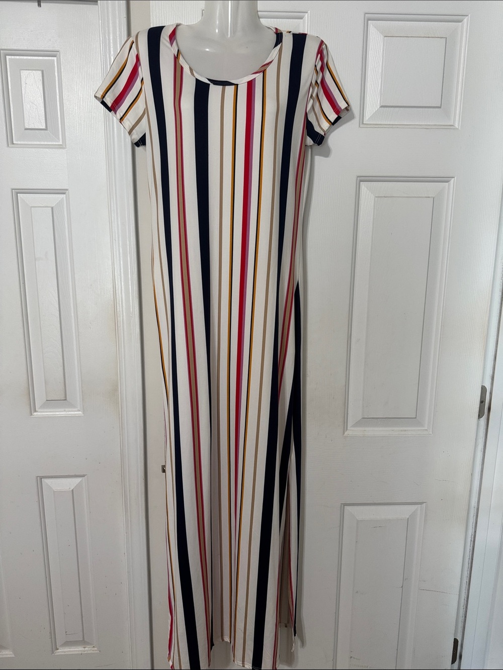 Discreet Cream Maxi Dress with Navy, Red & Tan Stripes
